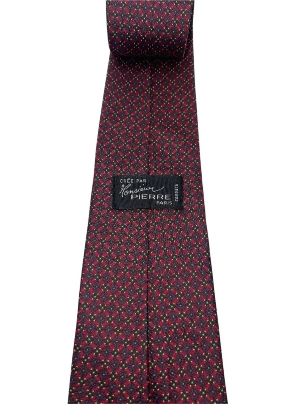 Monsieur Pierre Paris Vintage Silk Tie Dark Red Multicolour Pattern Made in Pari